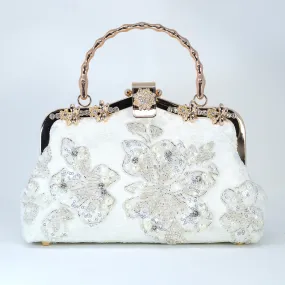 White Silver Embroidered Floral Pearl Wedding Bag, Statement Bag, Evening Clutch, Wedding Clutch, Bridal Clutch, White Cross Body Bag