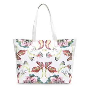 White Vintage Floral Faux Leather Tote Bag