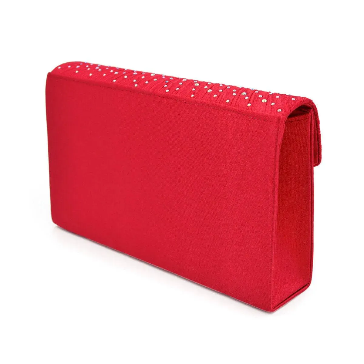 Women's Red Clutch Bag with Ruched Design and Rhinestone Embellishments