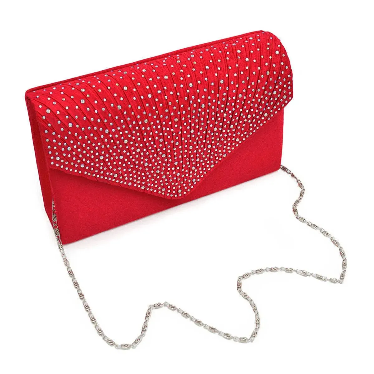 Women's Red Clutch Bag with Ruched Design and Rhinestone Embellishments