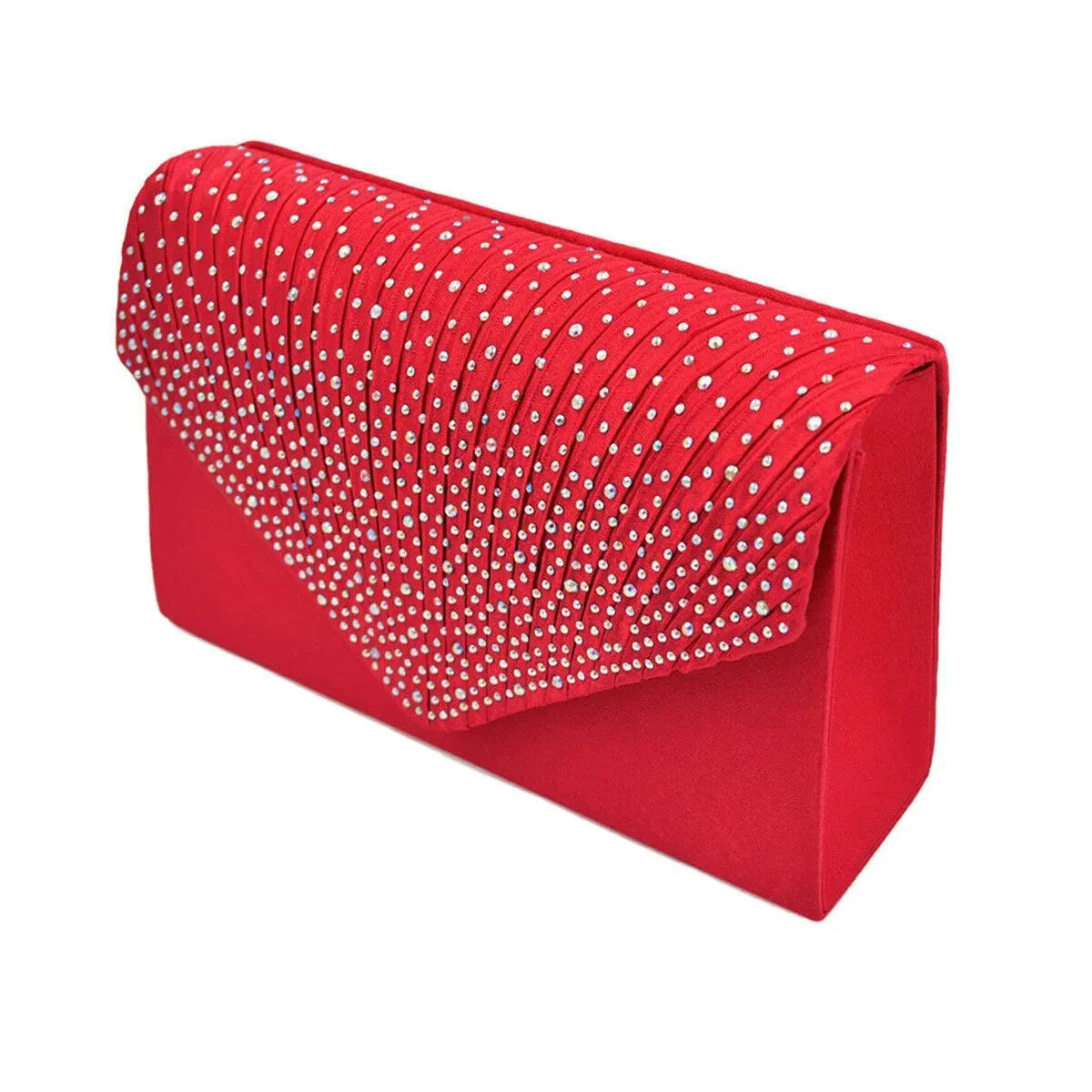 Women's Red Clutch Bag with Ruched Design and Rhinestone Embellishments