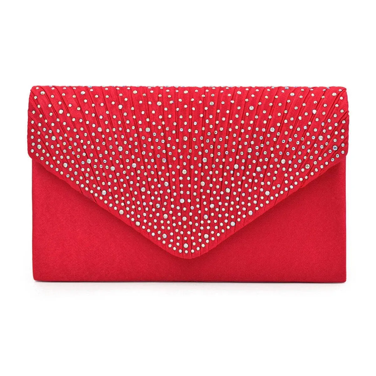 Women's Red Clutch Bag with Ruched Design and Rhinestone Embellishments