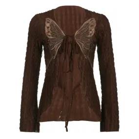 Y2k Fairy Grunge Butterfly Tie Up Long Sleeve Tops Textured Mesh Clothing Boho Style Ladies Shirts Cardigan P77-CG18