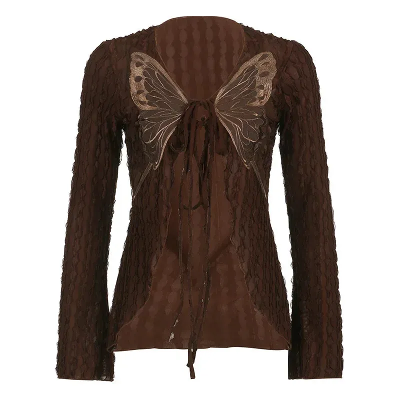 Y2k Fairy Grunge Butterfly Tie Up Long Sleeve Tops Textured Mesh Clothing Boho Style Ladies Shirts Cardigan P77-CG18