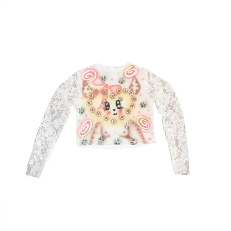 Y2k Graphic Tee Women Japanese Kawaii Clothes Bow Cartoon Print T Shirts Lace Long Sleeve Crop Tops Fall 2024 P85-AI13