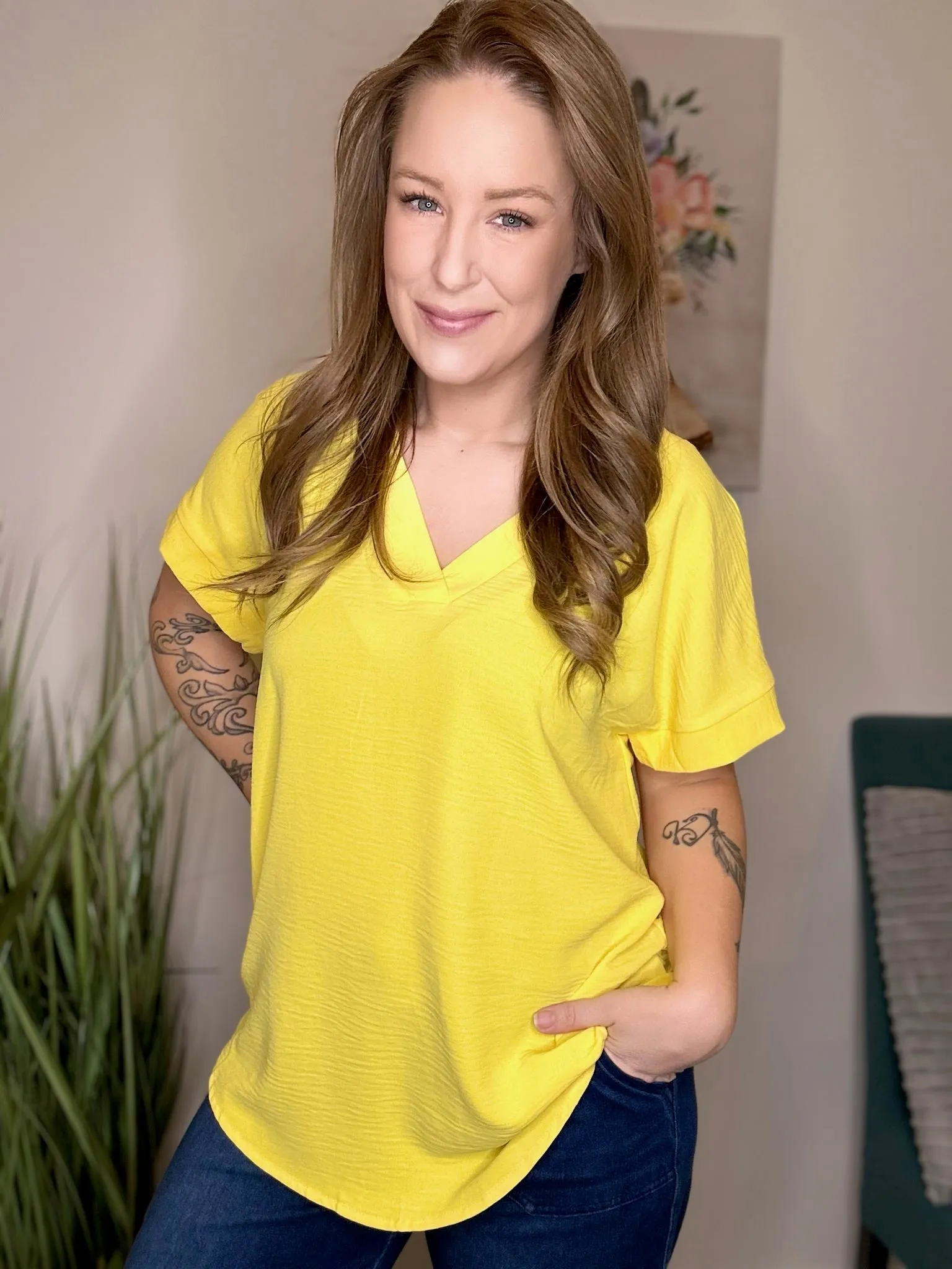 Yellow V Neck Hi-Lo Top