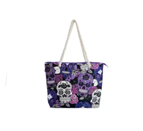 Zippered Beach Bag- Purple Skulls